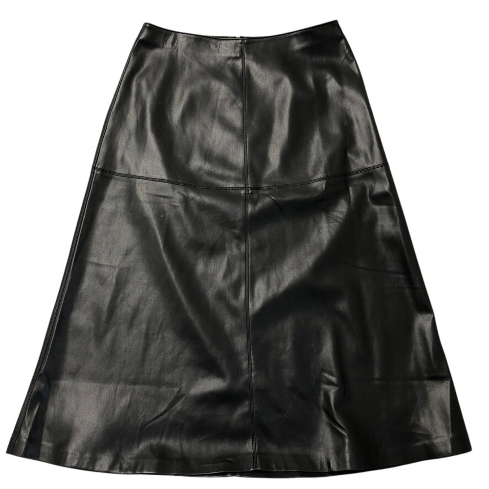 Mango MNG Faux Leather Skirt Womens Size‎ M Black A-Line Midi Panel Stitching